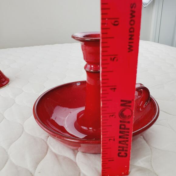 Vintage Owens Pottery 3PC Set Hand Crafted Candle Holder Red Handled Collectible - Picture 11 of 13